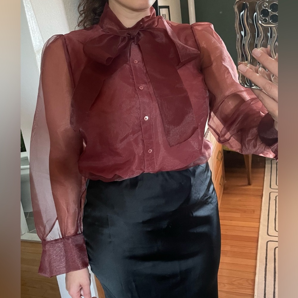 Babaton Burgundy Sheer Bow-Neck Blouse
